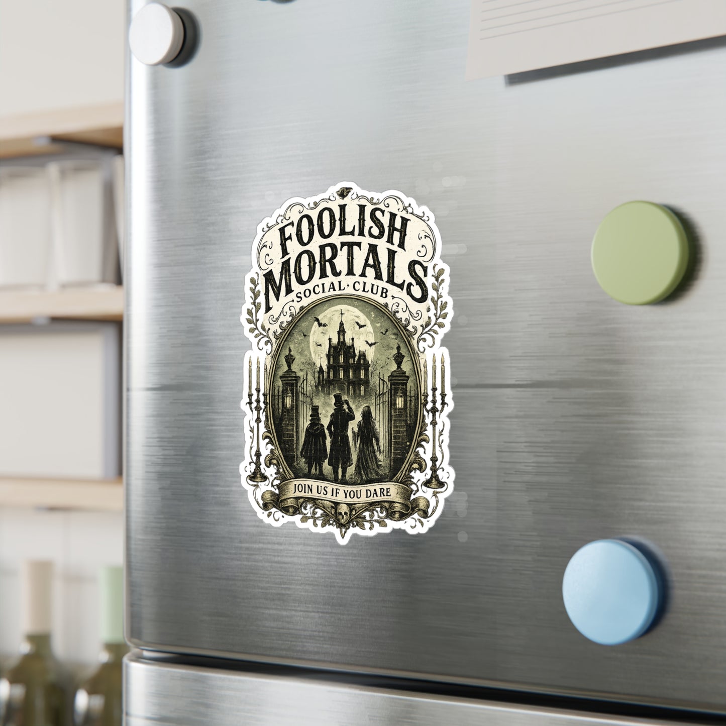 Foolish Mortals Social Club Kiss-Cut Vinyl Decal — Haunted Mansion Vintage Sticker