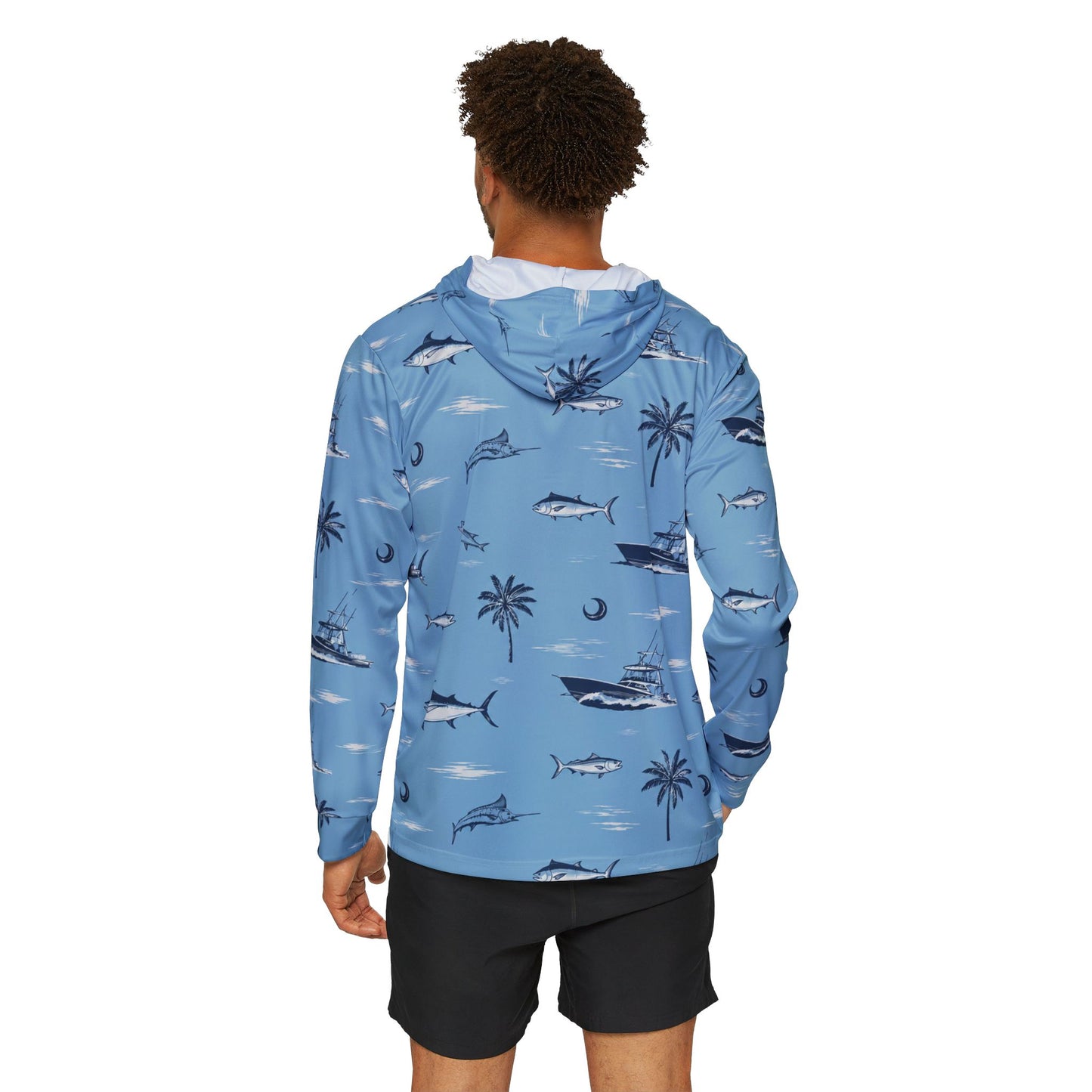 Men's Fishing Hoodie — Blue Tropical Marlin & Palm All-Over Print