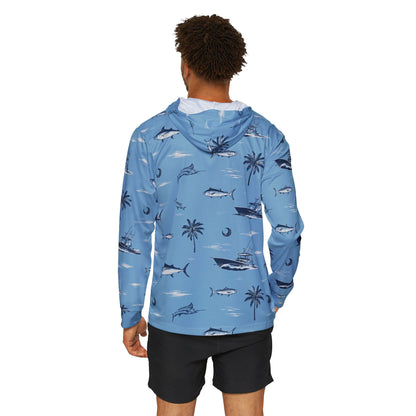 Men's Fishing Hoodie — Blue Tropical Marlin & Palm All-Over Print