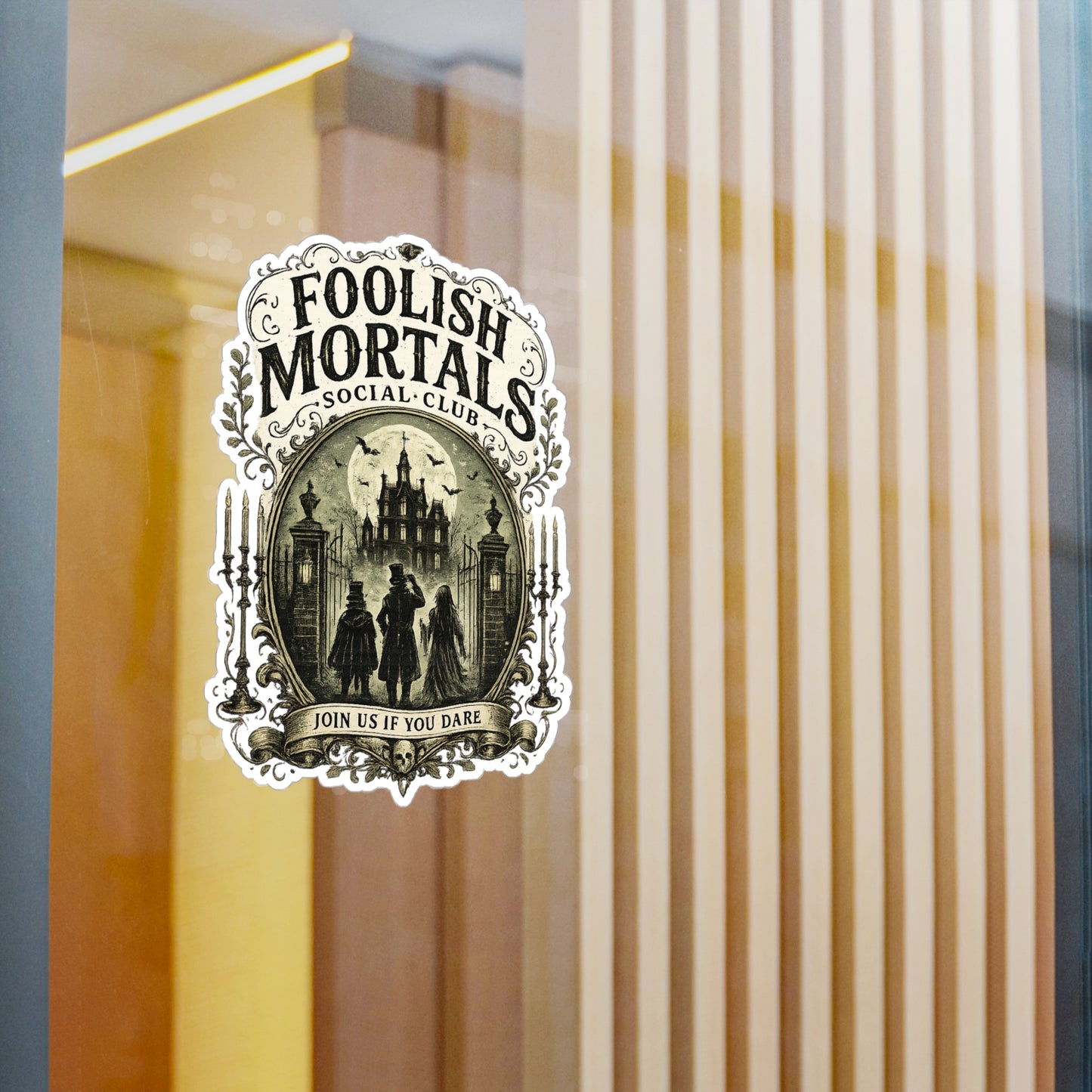 Foolish Mortals Social Club Kiss-Cut Vinyl Decal — Haunted Mansion Vintage Sticker