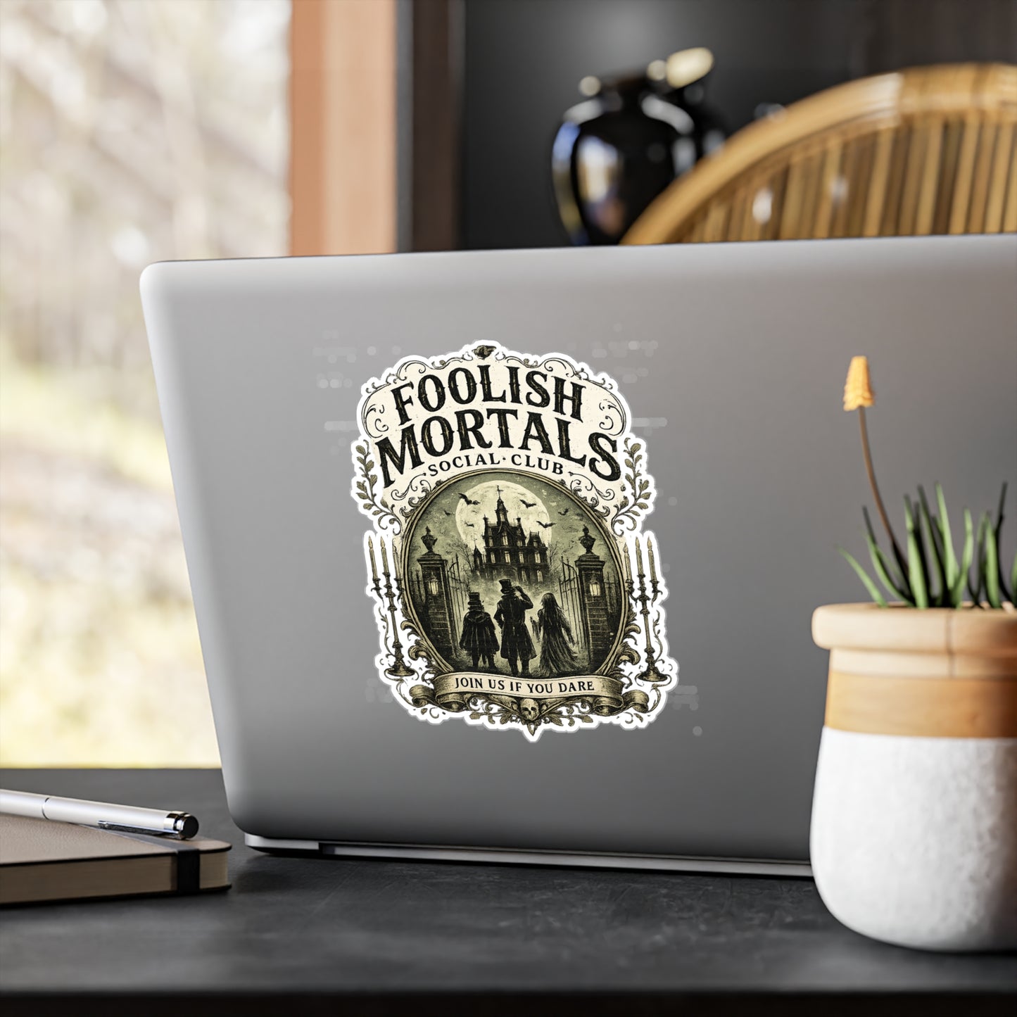 Foolish Mortals Social Club Kiss-Cut Vinyl Decal — Haunted Mansion Vintage Sticker