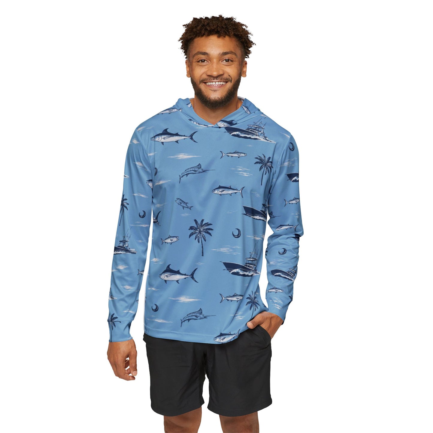 Men's Fishing Hoodie — Blue Tropical Marlin & Palm All-Over Print