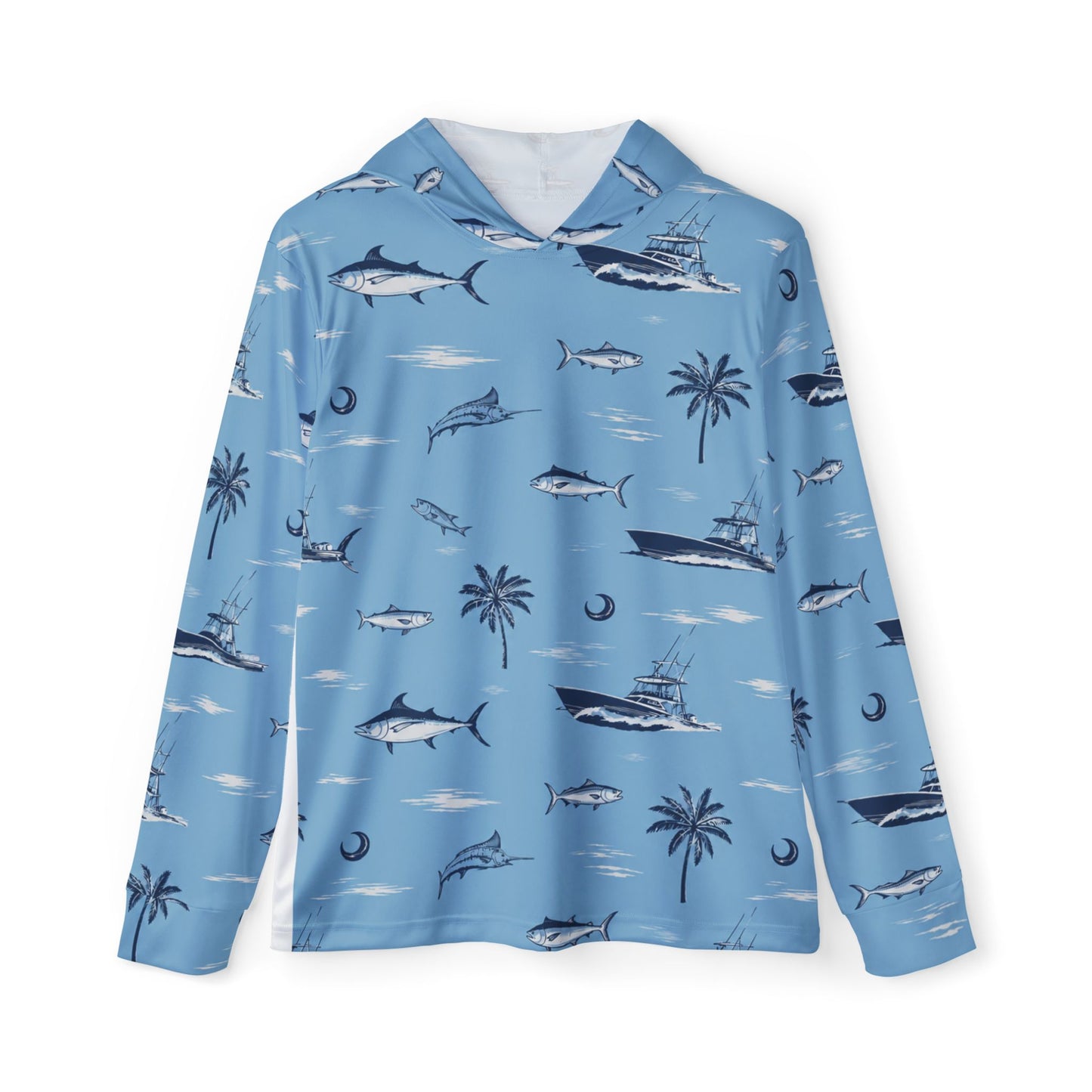 Men's Fishing Hoodie — Blue Tropical Marlin & Palm All-Over Print