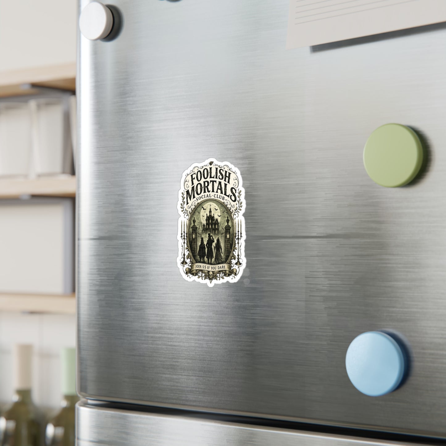 Foolish Mortals Social Club Kiss-Cut Vinyl Decal — Haunted Mansion Vintage Sticker