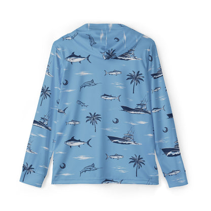 Men's Fishing Hoodie — Blue Tropical Marlin & Palm All-Over Print