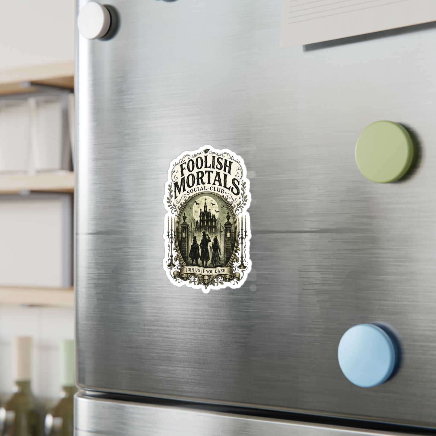 Foolish Mortals Social Club Kiss-Cut Vinyl Decal — Haunted Mansion Vintage Sticker